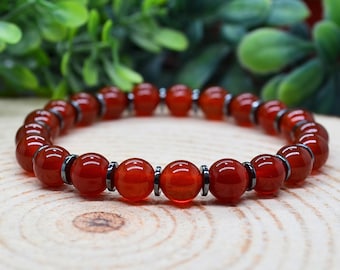Red Carnelian & Hematite Bracelet, 8mm Red Carnelian Hematite Protection Stretch Bracelet Handmade Pagan Jewelry Personalized Custom Gift