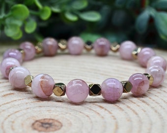 Pyrite Crystal & Kunzite Beaded Bracelet, 8mm Kunzite and Pyrite Gemstone Stretch Bracelet, Handmade Pagan Jewelry, Witchy Gifts