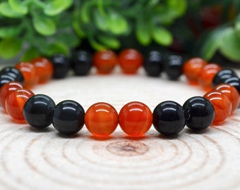 Carnelian Bracelet, Black Tourmaline Bracelet, 8mm Black Tourmaline Gemstone Halloween Bracelet, Handmade Witchy Jewelry, Witchy Gifts