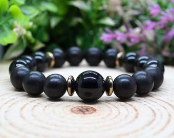 Kamagong, Black Obsidian, Pyrite & Tourmaline 10mm Gemstone Bracelet – Ancestral Armor and Sacred Protection Bracelet, Handmade Witchy Gifts
