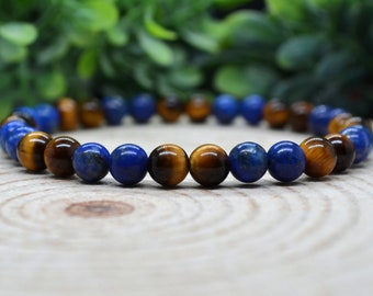 Lapis Lazuli Bracelet, Tigers Eye Crystal Bead Bracelet, 6mm Lapis & Tiger Eye Stretch Bracelet, Handmade Pagan Jewelry Witchy Gifts for Her