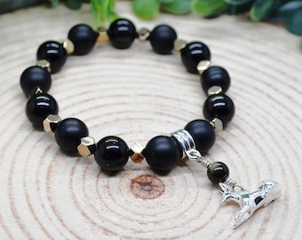 Black Obsidian & Pyrite Bracelet, Black Onyx Bracelet, 10mm Black Obsidian Gemstone Egyptian Anubis Bracelet, Handmade Witchy Bracelet Onyx