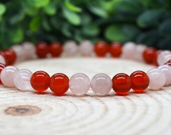 Red Carnelian & Rose Quartz 6mm Crystal Bead Gemstone Stretch Bracelet, Handmade Witchy Jewelry, Personalized Custom Witchy Gift for Her