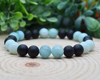 Amazonite & Matte Black Onyx Crystal Bracelet 8mm Amazonite Gemstone Stretch Beaded Bracelet, Handmade Witchy Jewelry