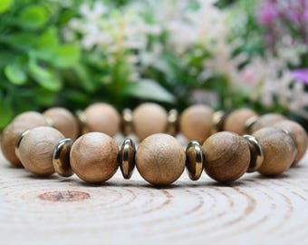 Sandalwood & Pyrite 10mm Gemstone Bracelet,  Sacred Confidence and Grounded Abundance, Handmade Witchy Gifts, Pyrite Jewelry