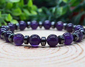 Amethyst Bracelet, Hematite Bracelet, 8mm Amethyst & Hematite Gemstone Bracelet, Handmade Witchy Jewelry, Witchy Gifts for Best Friend