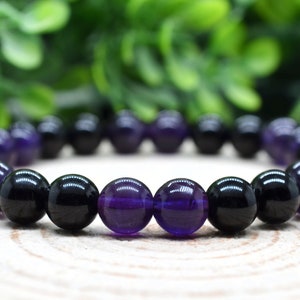 Black Obsidian Bracelet, Amethyst Bracelet, 8mm Gemstone Bead Bracelet, Crystal Bracelet, Handmade Pagan Jewelry, Witchy Bracelet Onyx