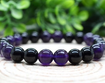 Tourmaline Bracelet, Amethyst Bracelet, 8mm Gemstone Stretch Bracelet, Crystal Bead Bracelet, Handmade Pagan Jewelry Witchy Bracelet Onyx