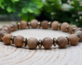 Sandalwood & Pyrite 8mm Gemstone Bracelet,  Sacred Confidence and Grounded Abundance, Handmade Witchy Gifts, Pyrite Jewelry