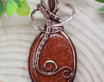 Red Goldstone Pendant, Copper Wire Wrapped Goldstone Necklace, Goldstone Jewelry, Handmade Witchy Jewelry, Witch Gifts