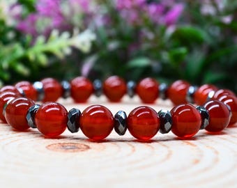 Carnelian Bracelet, Hematite Bracelet, 8mm Red Carnelian & Faceted Hematite Protection Bracelet Handmade Witchy Jewelry