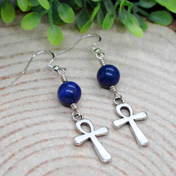 Lapis Lazuli Earrings, Ankh Earrings, Sterling Silver Lapis Lazuli Ankh Earrings, Egyptian Ankh, Silver Ankh Cross, Handmade Wiccan Jewelry