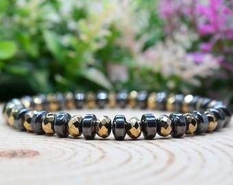 Hematite & Pyrite 6mm Gemstone Bracelet – Grounded Focus and Energetic Armor Stretch Bracelet, Handmade Witchy Jewelry, Pyrite Jewelry