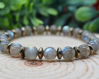 AAAA Labradorite Bracelet, Pyrite Bracelet, 8mm Beaded Labradorite Gemstone Stretch Bracelet for Women, Witchy Gifts