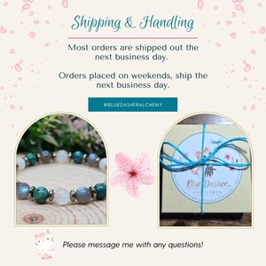 May include: A bracelet with green, grey, and white beads. A small gift box tied with blue string and a pink flower are also shown. The text reads "Shipping & Handling" and "Blue Dasher Alchemy".