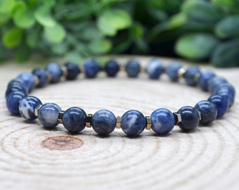 Pyrite Bracelet, Sodalite Crystal Bead Bracelet, 6mm Sodalite & Pyrite Stretch Bracelet, Handmade Pagan Jewelry, Witchy Gifts for Her