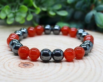 Red Carnelian & Hematite Bracelet, 8mm Red Carnelian Hematite Protection Stretch Bracelet Handmade Pagan Jewelry Personalized Custom Gift