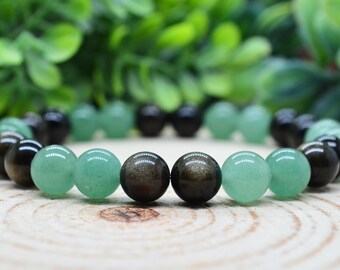 Gold Sheen Obsidian & Aventurine Bracelet, Black Obsidian 8mm Aventurine Bracelet, Handmade Gemstone Stretch Bracelet, Witchy Jewelry