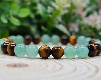 Green Aventurine & Tiger’s Eye Bracelet, 6mm Gemstone Jewelry for Abundance and Protection, Luck, and Prosperity, Handmade Witchy Gifts
