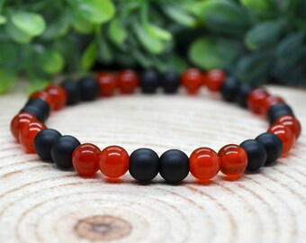 Black Onyx Bracelet, Red Carnelian Bracelet, 6mm Gemstone Crystal Bead Stretch Bracelet, Witchy Bracelet Onyx, Good Luck Bracelet