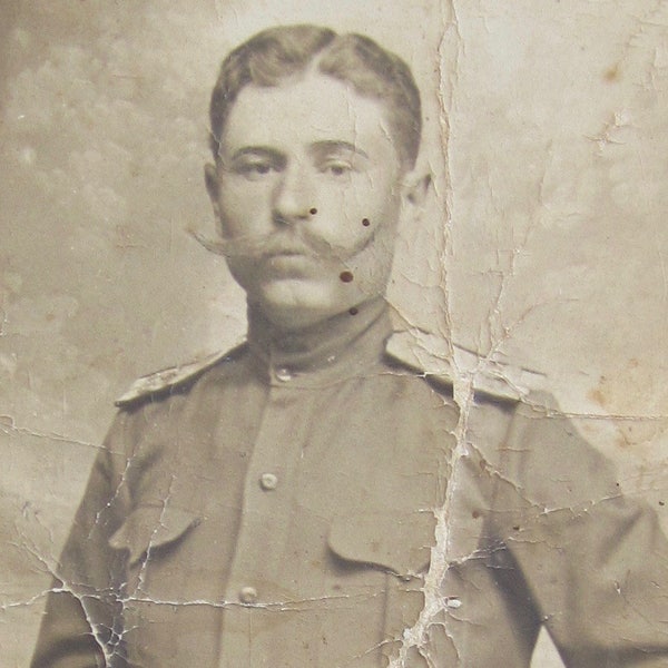 Handsome 1900's Russian Soldier RPPC Real Photo Postcard - Handlebar Mustache - Free Shipping