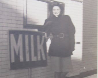 The Milk Maid - 1940's Pretty Woman Poses With Milk Sign Snapshot Photo - Free Shipping