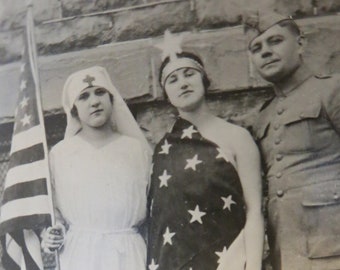 Original 1910's World War I Family Shows Their Patriotism Real Photo Postcard - Free Shipping