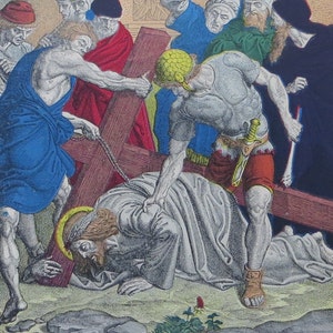 1886 Biblical Hand Colored Lithograph - Stations Of The Cross  #7 - Jesus Falls Second Time - Free Shipping