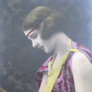 Beautiful Chic Flapper Original Art Deco Glamour Fashion Lady Portrait with Vase, EKC 1930 Hand Tinted Photo Postcard - Free Shipping