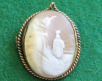 Antique Victorian Rebecca at the Well Country Scene Landscape Hand Carved Shell Cameo Golden Twist Framed Brooch - Free Shipping