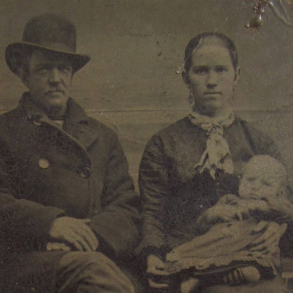 A Harsh Winter - Original 1880's Elderly Man And His Young Wife and Baby Tintype Photograph - Free Shipping