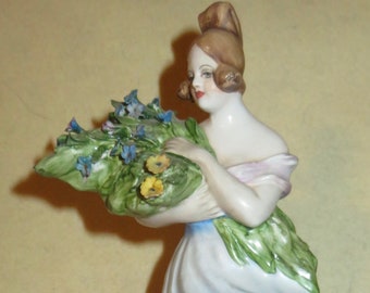 Vintage Capodimonte Figurine #805 Pretty Woman With Flower Floral Bouquet In Blue Dress Blowing In The Wind
