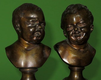 Pair 19th Century Bronze Laughing & Crying Babies By Franz Xaver Messerschmidt - 8" Tall