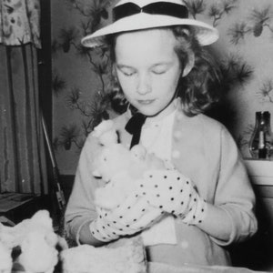 In Her Easter Bonnet 1950's Little Girl and Her Ducklings Snapshot Photo Free Shipping image 1