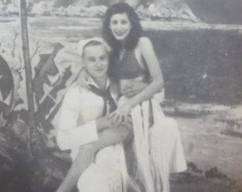 1940s Hawaiian Sailor & Hula Girl Photo - WWII Era Studio Photograph