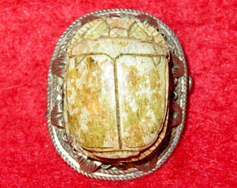 Antique Sterling Silver Scarab Egyptian Revival Deco Carved Brooch Pin - Made In Egypt