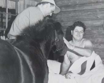 What A Night - 1950's Man Wakes Up To Horse In His Bedroom Snapshot Photo/Photograph