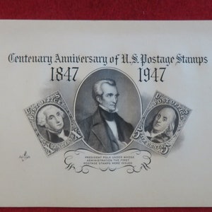 May include: A white card with the text "Centenary Anniversary of U.S. Postage Stamps 1847 1947" and images of three postage stamps featuring George Washington, Henry Clay, and Benjamin Franklin.