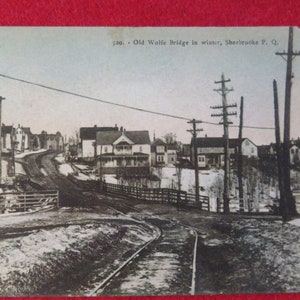 Early 1900&#39;s Sherbrooke Quebec Old Wolfe Bridge Street Scene Tinted Postcard