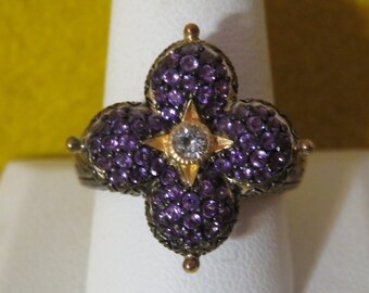 Outstanding Barbara Bixby Amethyst Sterling Silver 18 Karat Gold Highlight Floral Ring - Size 10