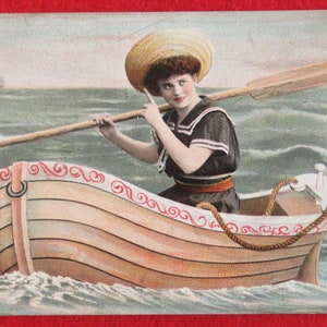 Original 1900&#39;s Pretty Young Sailor Girl In Rowboat Color Postcard