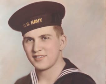 Handsome 1940's World War II Era US Sailor Boy Hand Tinted Studio Photo