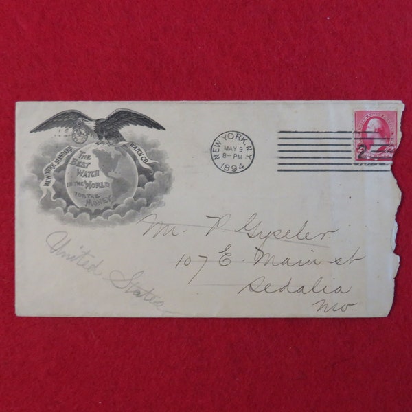 Amazing 1894 New York Standard Watch Company Advertising Stamp Cover - Scott #220 - Factory Reverse