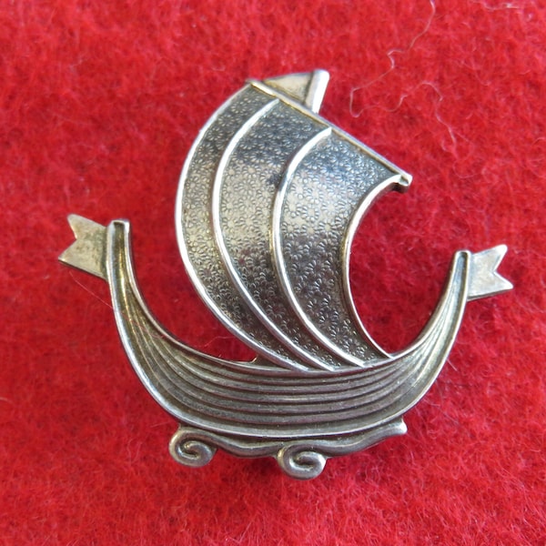 Mid Century 1940's Aksel Holmsen Signed Sterling Silver Viking Ship Brooch Pin