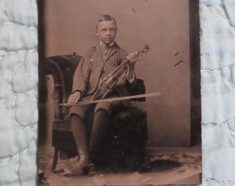 Vintage Little Violin Boy Tin Type Photo/Photograph