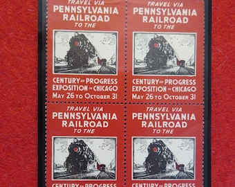 May include: Four vintage train ticket replicas advertising travel via the Pennsylvania Railroad to the Century of Progress Exposition in Chicago, May 26 to October 31. Each ticket features a black and white illustration of a steam locomotive.