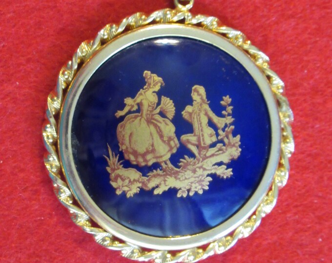 Vintage 1970's Limoges Castel the Proposal Cobalt Gold Tone Necklace