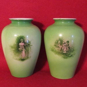 Antique Green Ceramic Vases - Pretty Woman & Children Design