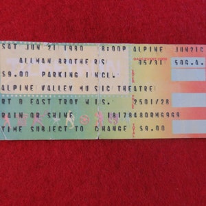 Original 1980 Allman Brothers Alpine Valley Concert Ticket Stub