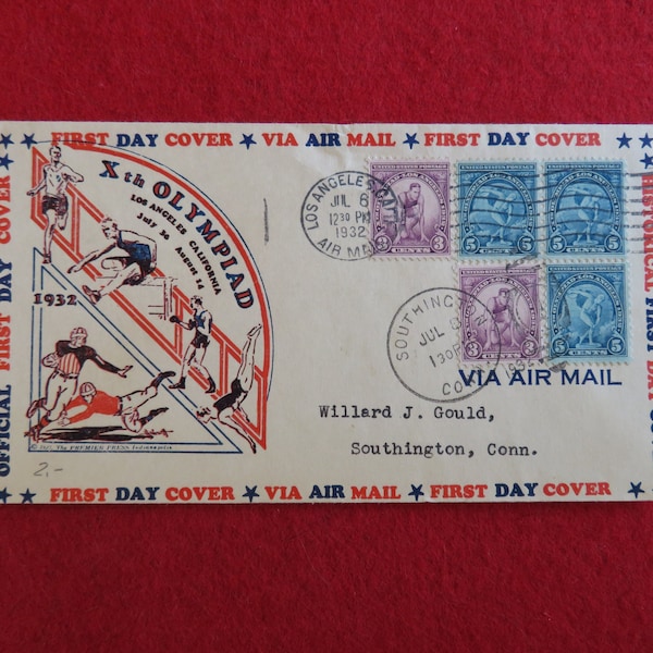 July 6, 1932 10th Olympiad Cachet US Postal Cover Scott 718-719 Los Angeles California